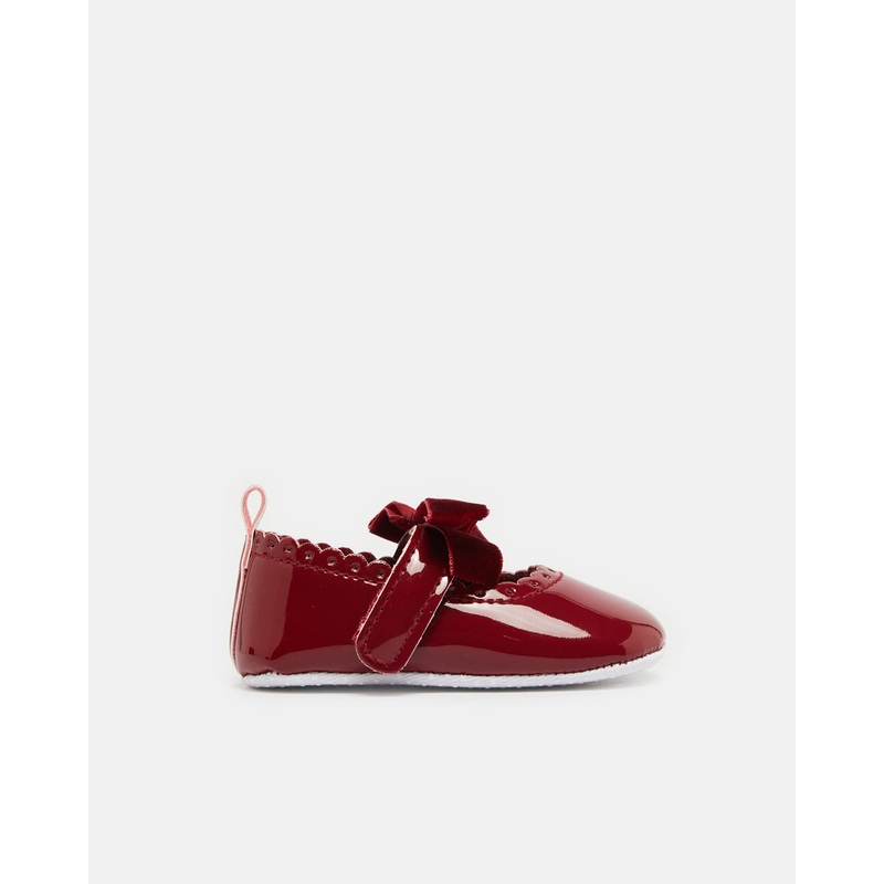 Baby Burgundy Bow Embellished Pram Shoes