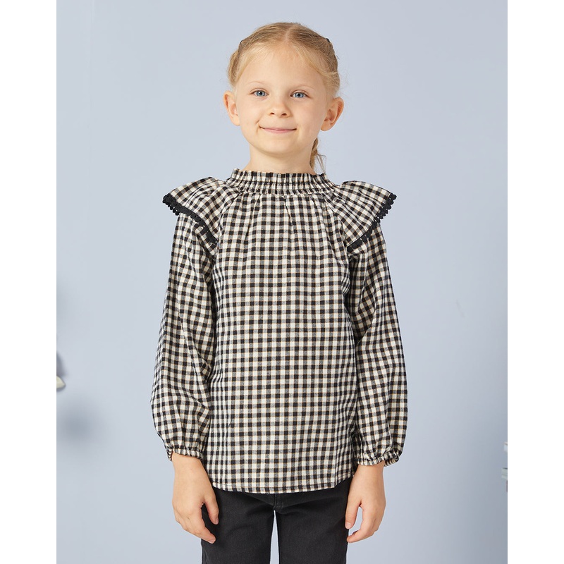 Girls Beige Checkered Woven Top