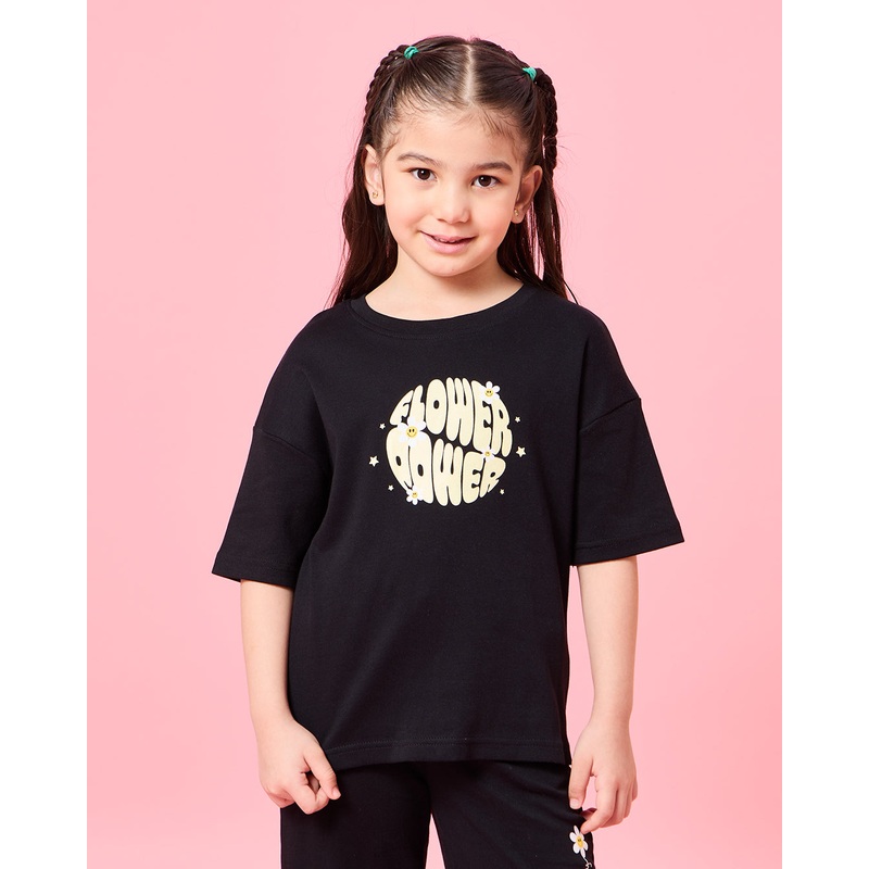 Girls Black Floral Print T-Shirt