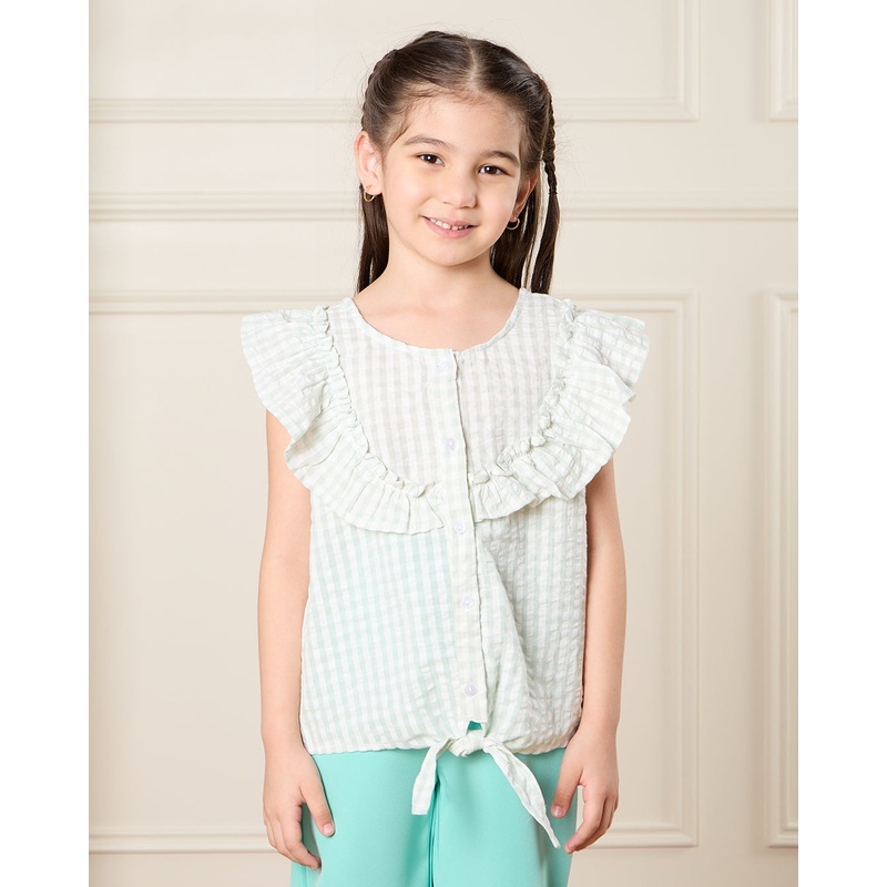 Girls Blue Checkered Front Knot Top