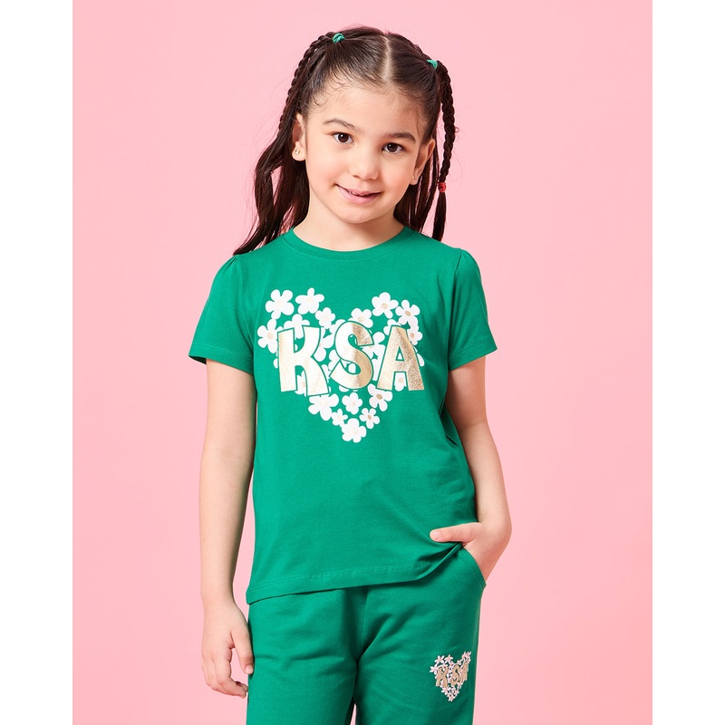Girls Green Love KSA Placement Print T-Shirt