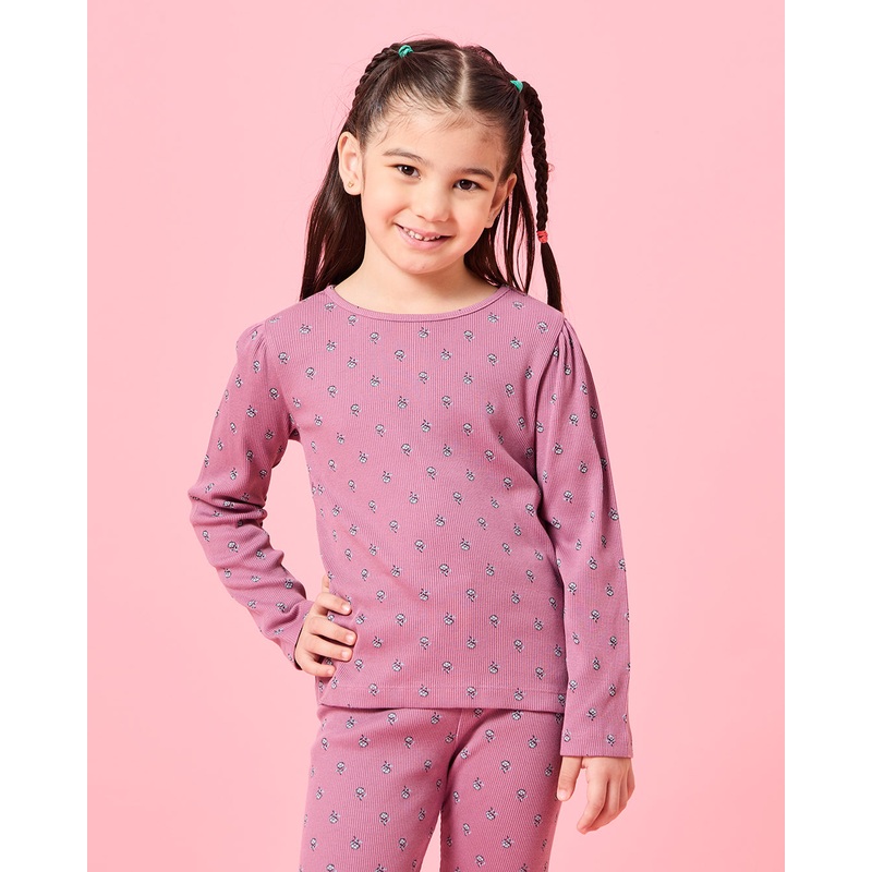 Girls Mauve Floral Printed Rib T- Shirt