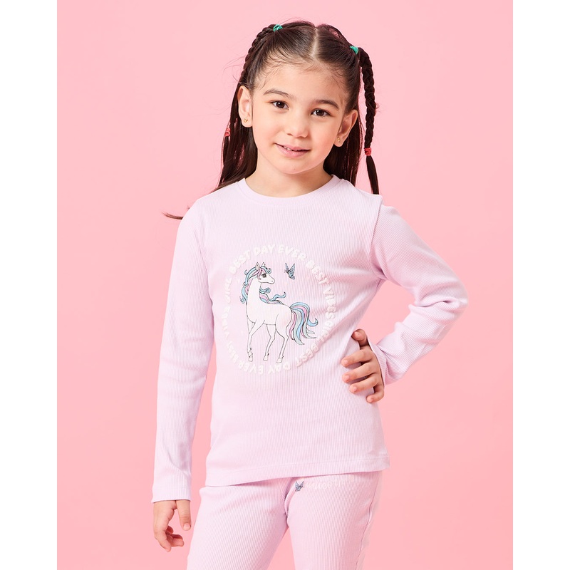Girls Pink Placement Print Rib T-Shirt