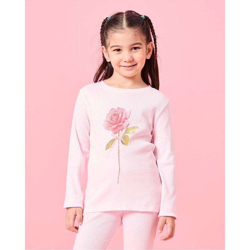 Girls Pink Rose Print Rib T- Shirt