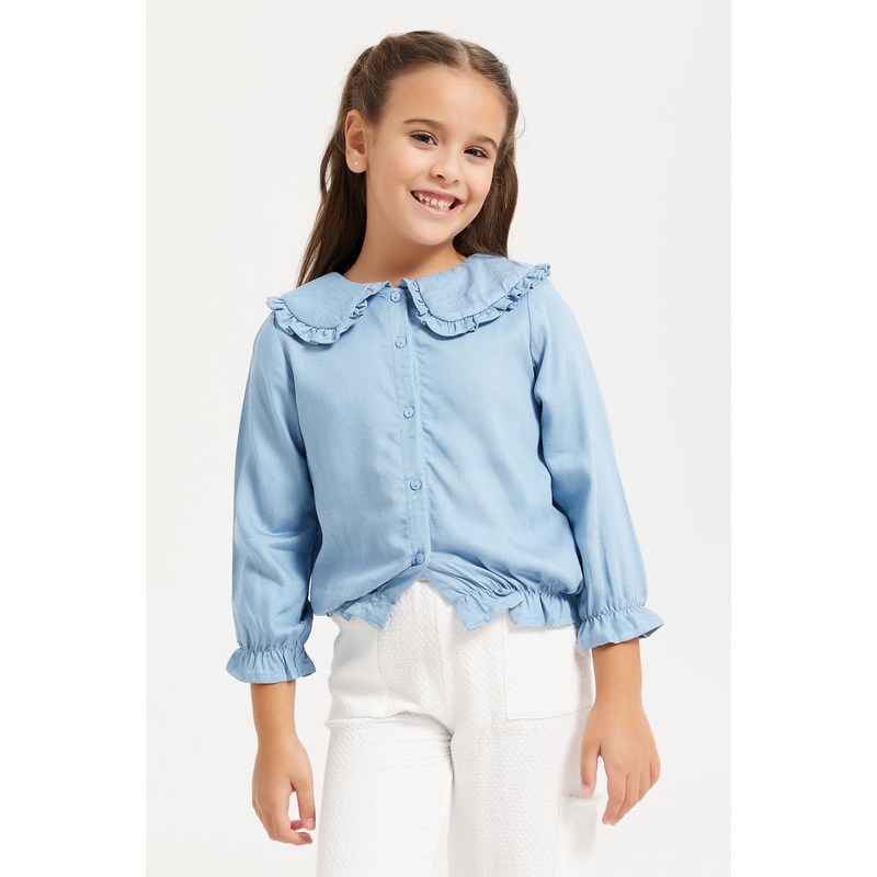 Girls Solid Blue Peter Pan  Shirt