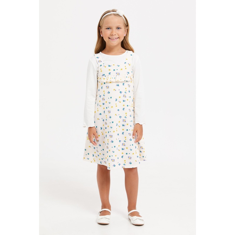 Girls White Printed Dungaree Set (2 Piece)