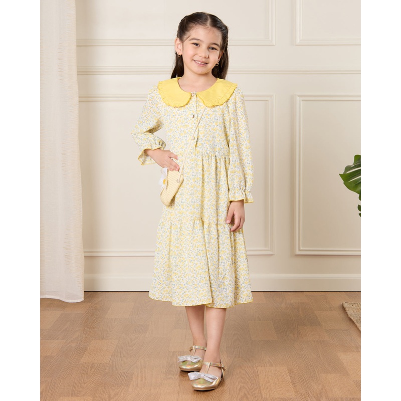Girls Yellow Floral Print Dress With Bag