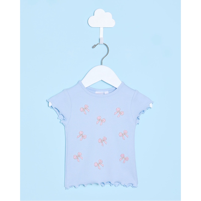 Infant Girls Blue With All Over Bow Artwork Rib T-Shirt