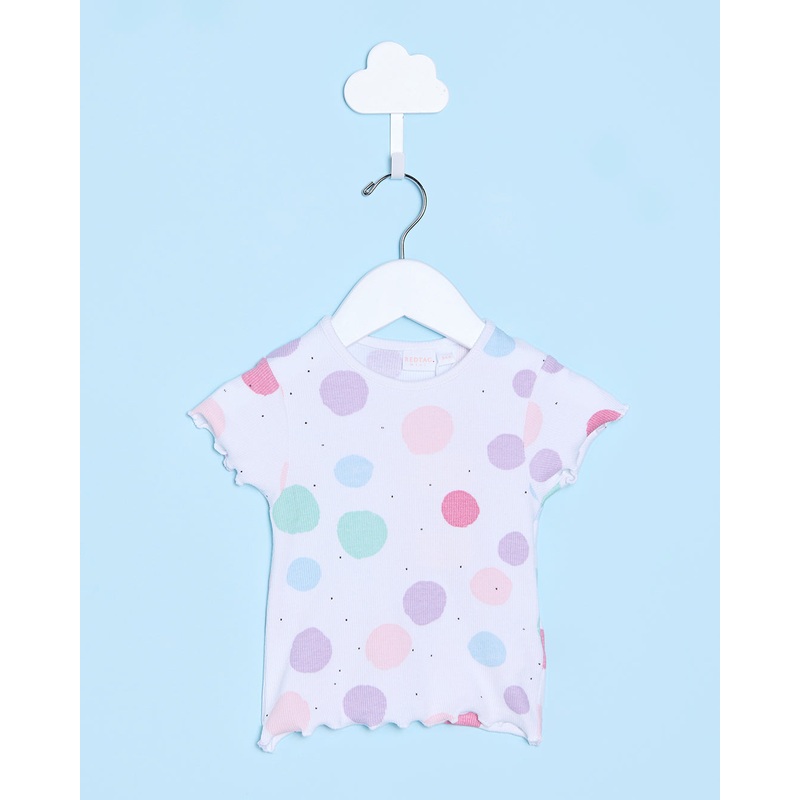Infant girls White All Over Print Polka Dots Rib T-Shirt