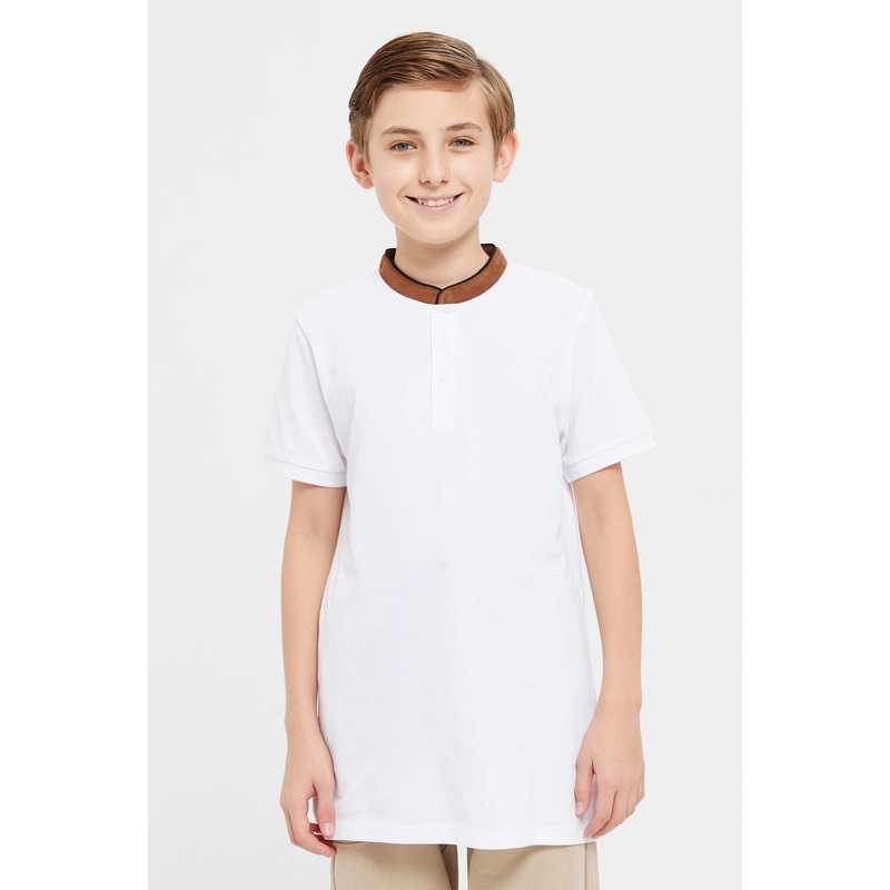 Senior Boys White Mandarin Collar Polo Shirt