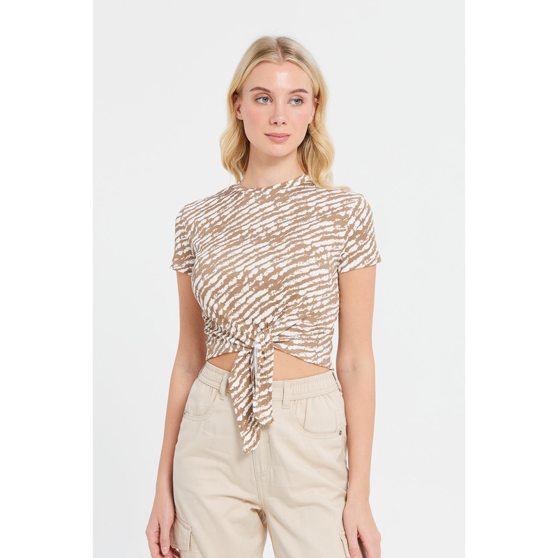Woman Beige Printed Rib Top|UK8|UK10|UK12|UK14|UK16|UK18