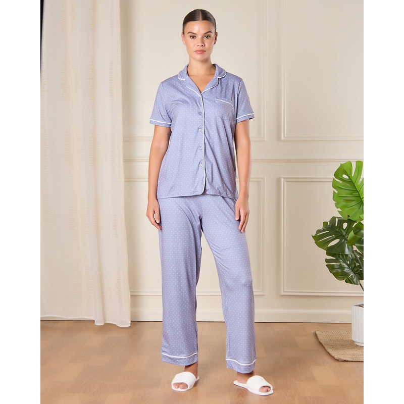 Women Blue Dotted Pajama Set (2 Piece)
