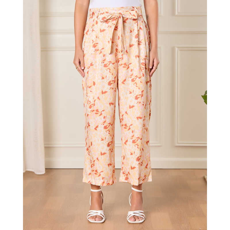 Women Orange Printed Casual Trousers