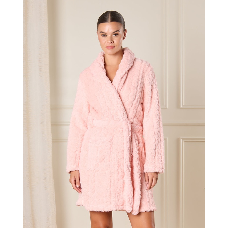 Women Pink Jacquard Fur Robe With Drawstring Waist
