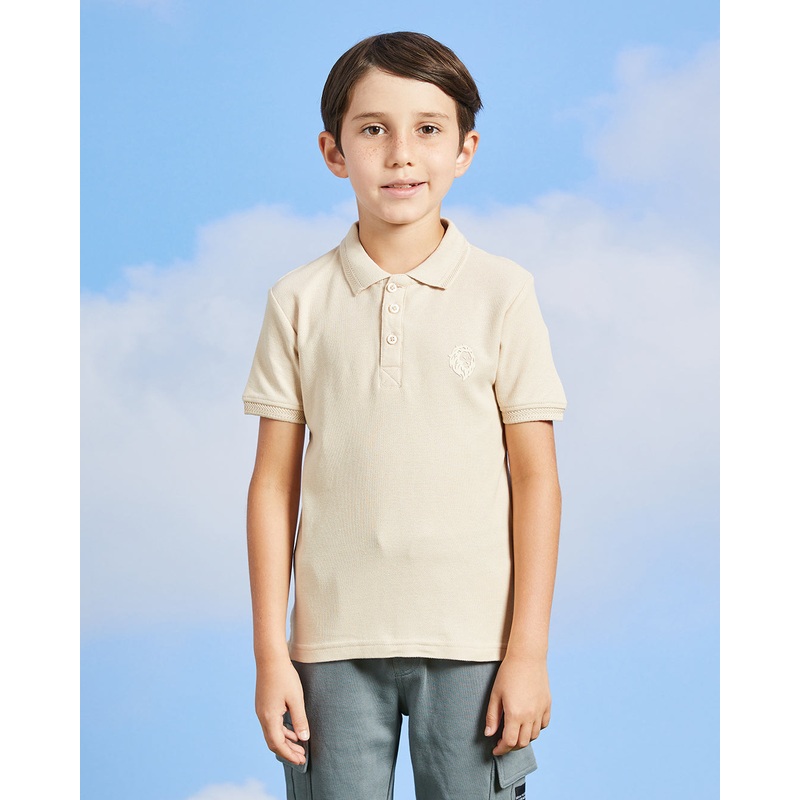 Boys Beige Embroidery Basic Polo Shirt