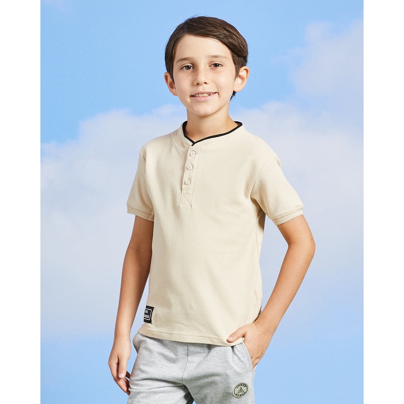 Boys Beige Mandarin Collared Polo Shirt