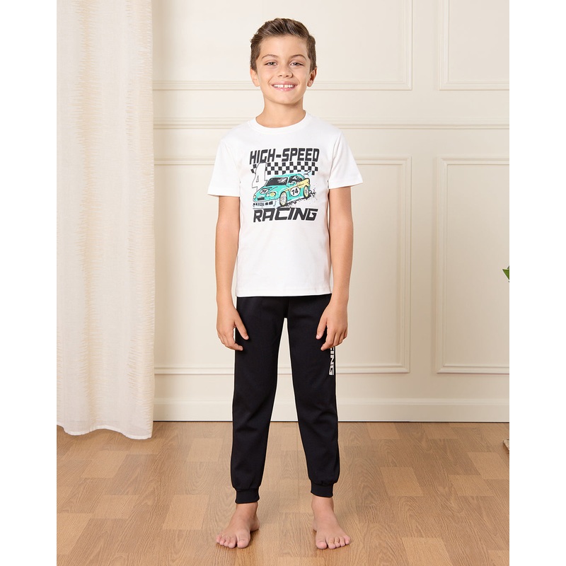 Boys Black And White Racing Print Pyjama Set (2 Piece)