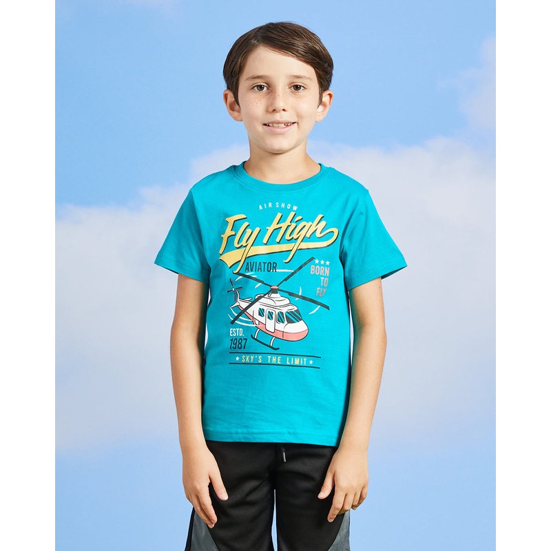 Boys Blue Helicopter Print T-Shirt