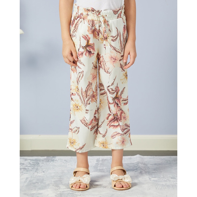 Girls Beige Printed Casual Trouser