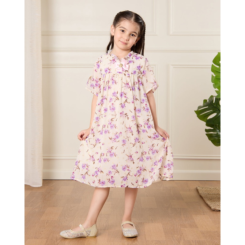 Girls Beige Printed Dress|2-3 Years|4-5 Years|5-6 Years|7-8 Years