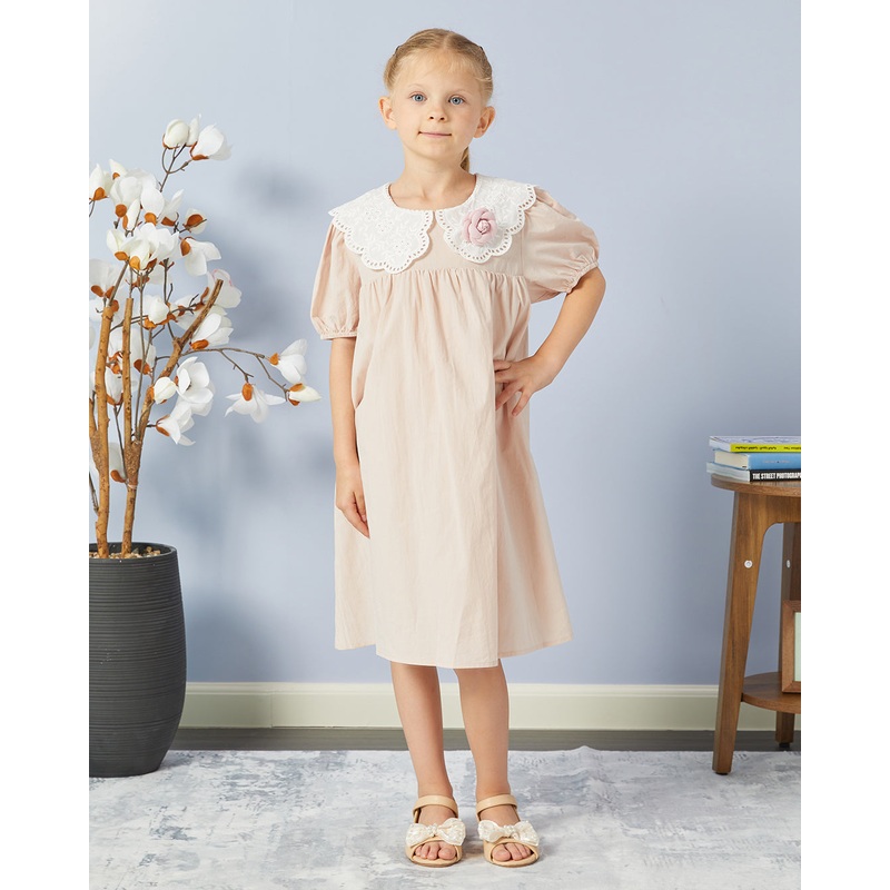 Girls Beige Short Sleeved Dress