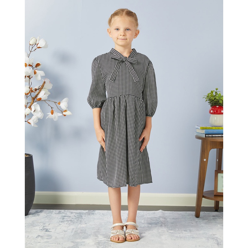 Girls Black And White Printed Dress