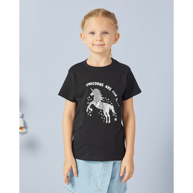 Girls Black Printed Basic T-shirt