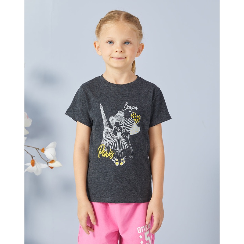 Girls Charcoal Printed Casual T-shirt