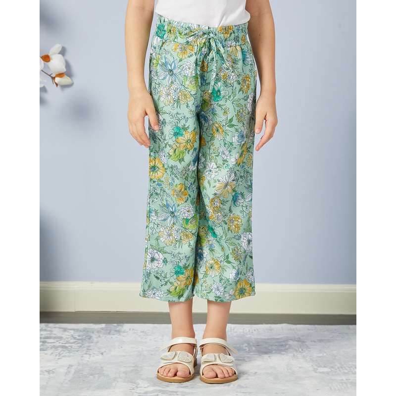 Girls Green Printed Casual Trouser