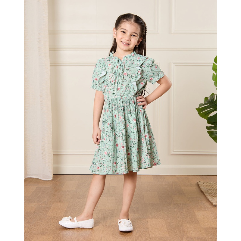 Girls Green Printed Dress|2-3 Years|3-4 Years|4-5 Years|5-6 Years|6-7 Years|7-8 Years