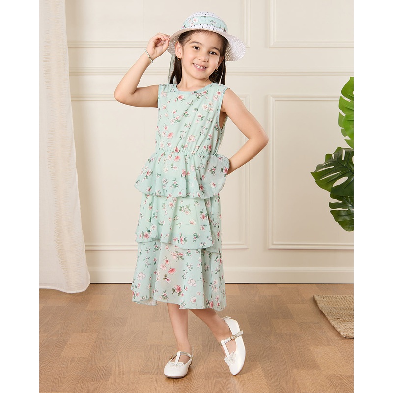 Girls Green Printed Dress With Hat (2 Piece)