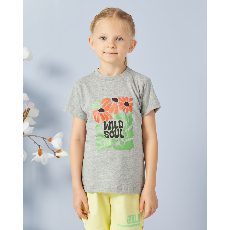 Girls Grey Printed Basic T-shirt
