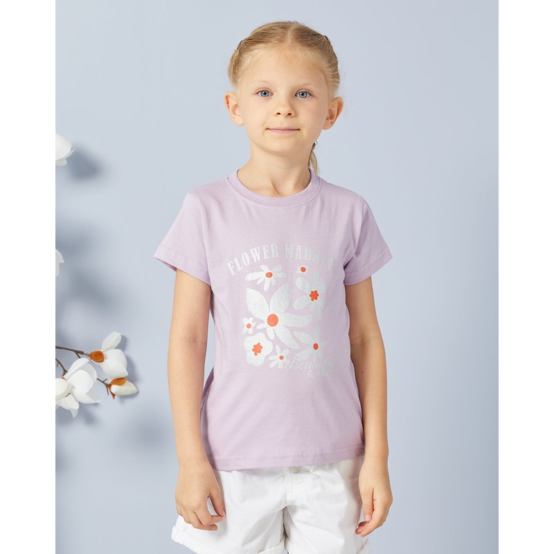Girls Lilac Printed Basic T-shirt