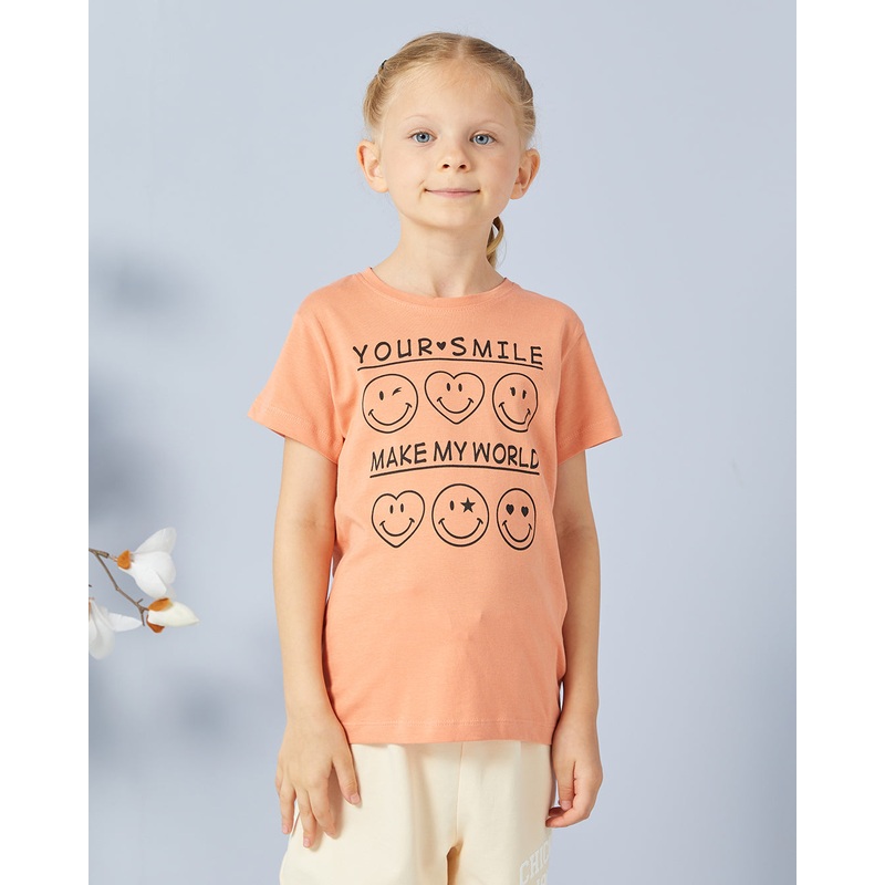 Girls Orange Printed Casual T-shirt