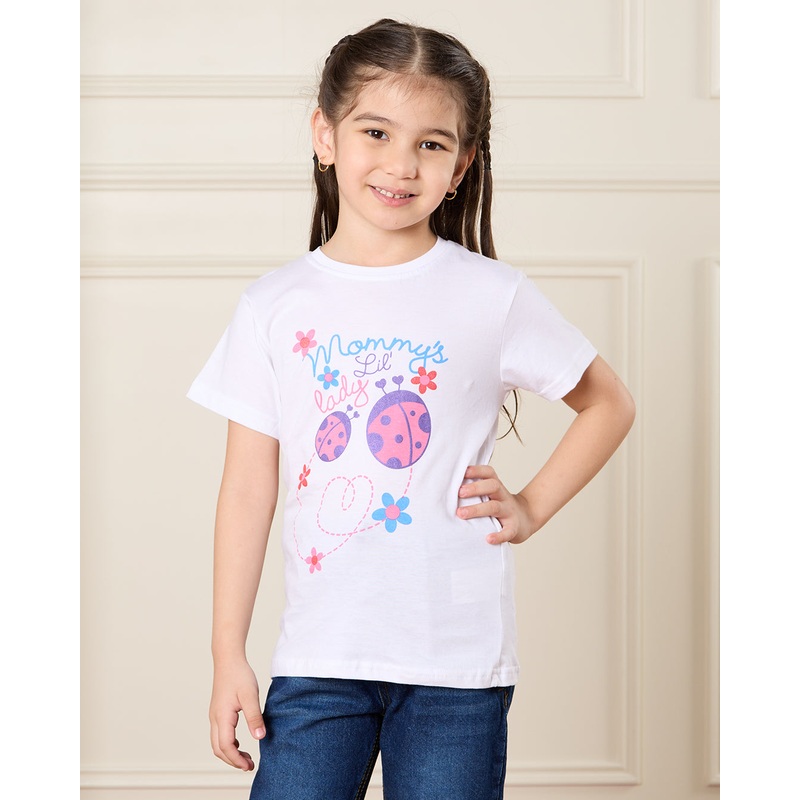 Girls White Printed Basic T-shirt