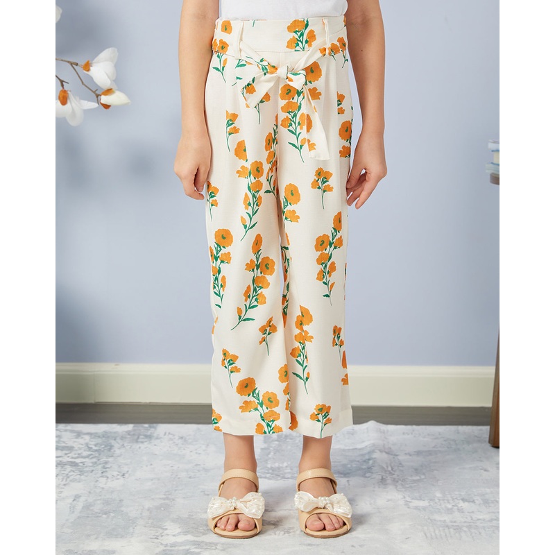 Girls White Printed  Casual Trouser