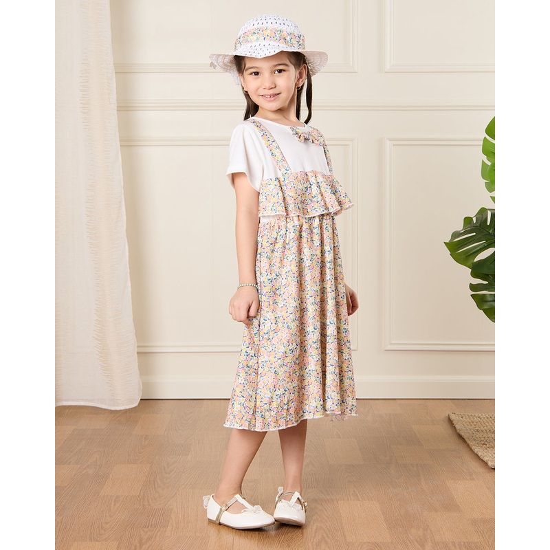 Girls White Printed Dress With Hat (2 Piece)