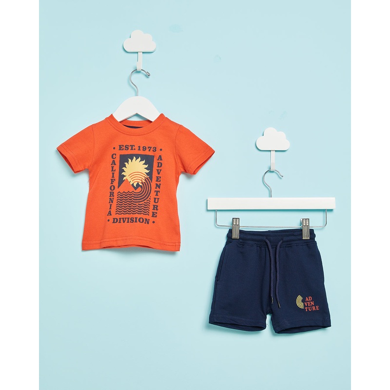 Infant Boys Orange Printed T-shirt And Short Set (2 Piece)