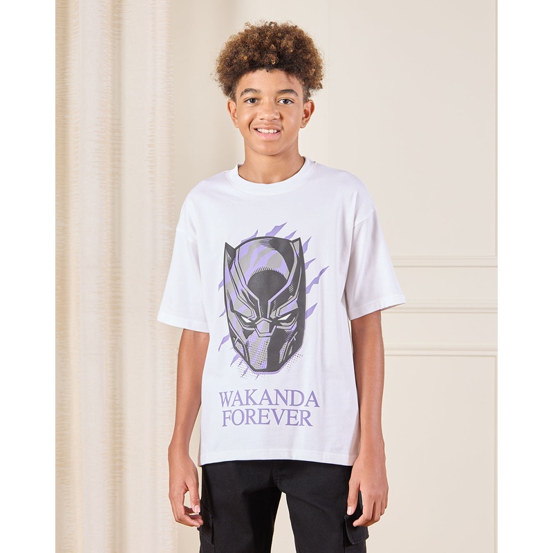 Senior Boys White Black Panther Print T-Shirt