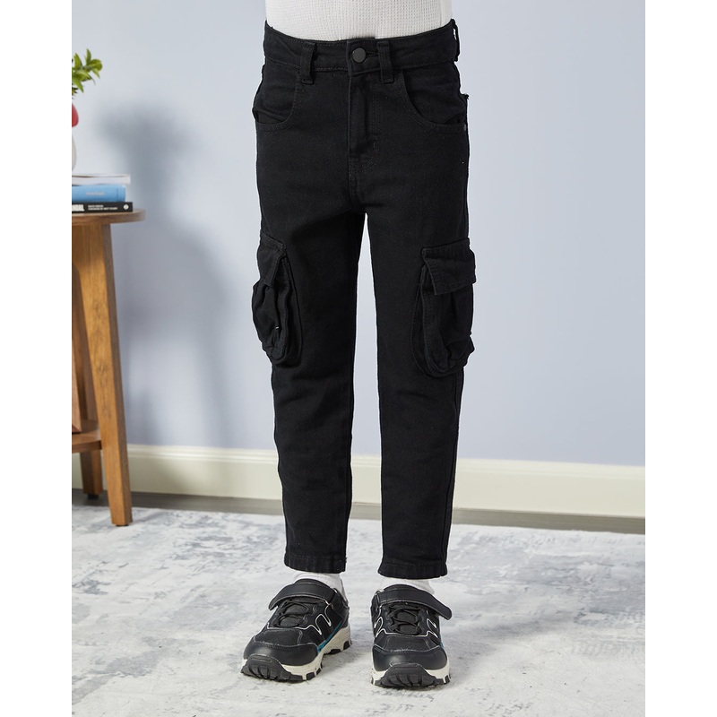 Boys Black Plain Cargo Pocket Jeans