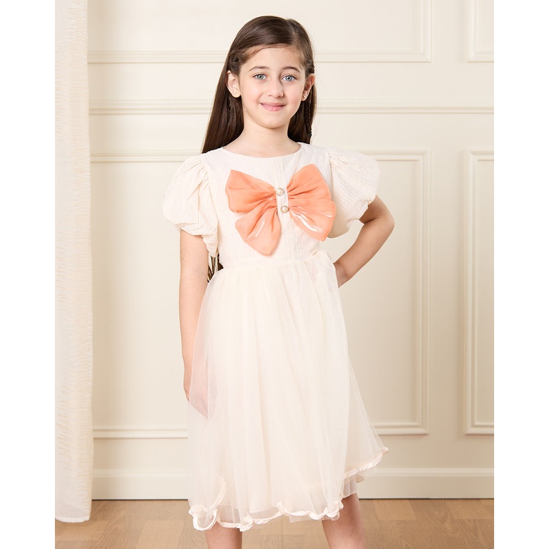 Girls Beige Bow Embellished Dress