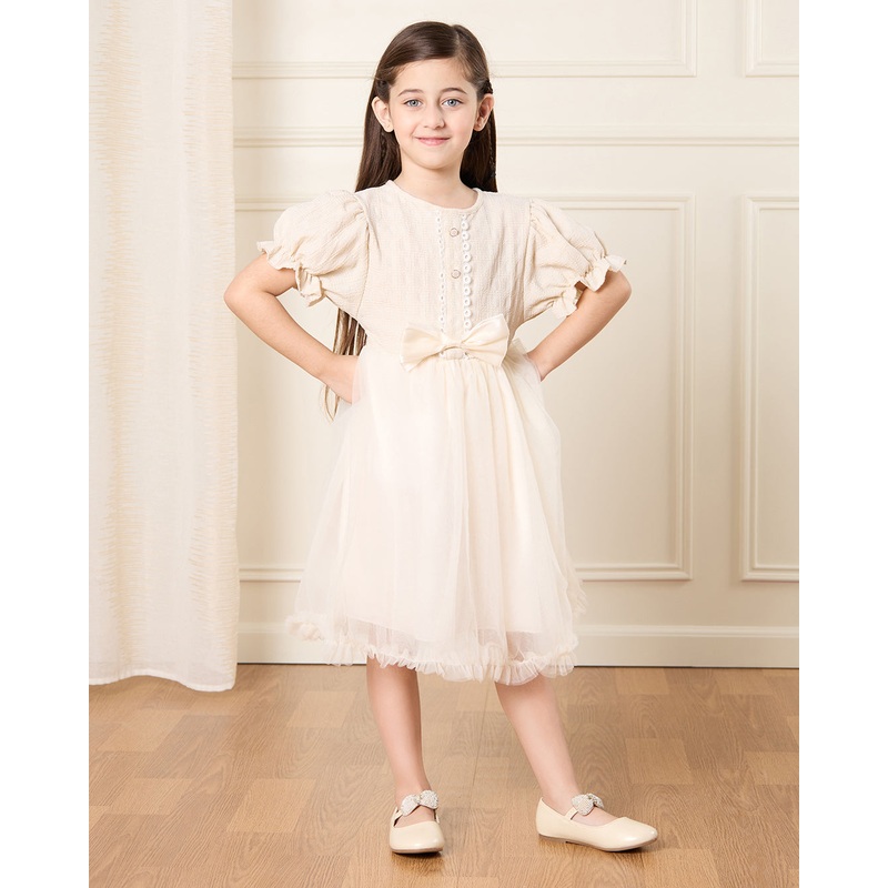 Girls Beige Embroidered Dress|2-3 Years|4-5 Years|6-7 Years|7-8 Years