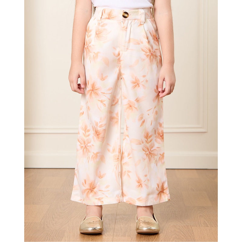 Girls Beige Printed Casual Trousers