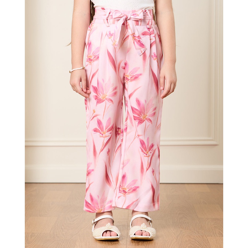 Girls Pink Printed Wide Leg Casual Trouser