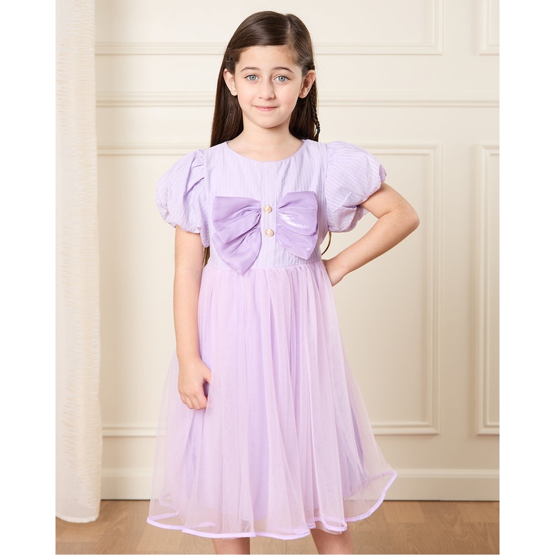 Girls Purple Bow Embellished Dress
