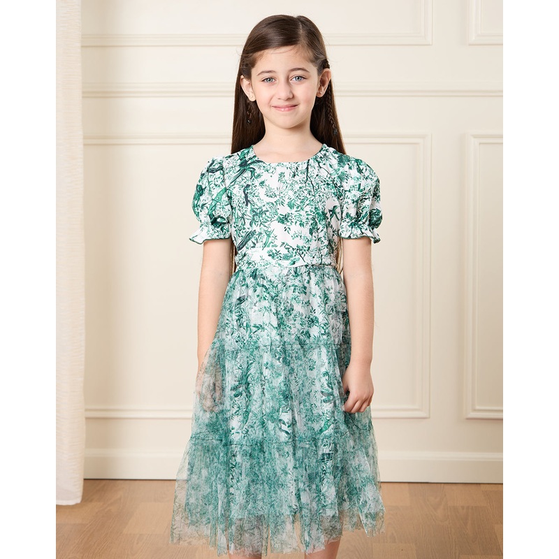 Girls White And Green Printed Dress