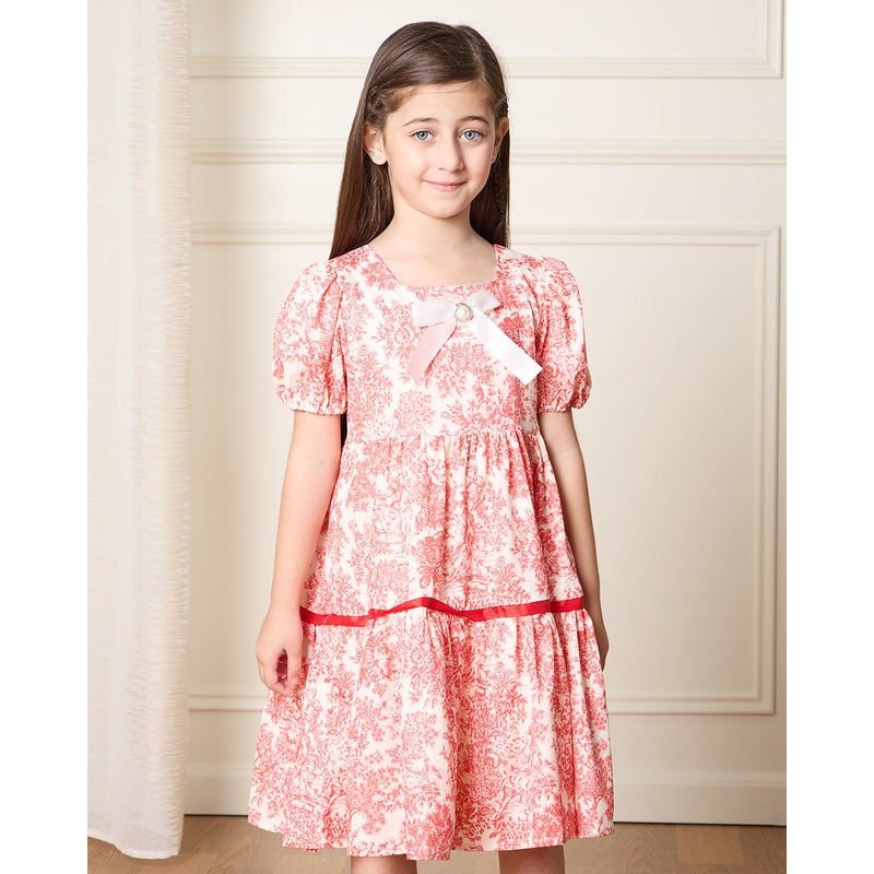 Girls White And Red Printed Dress