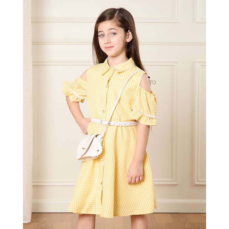Girls Yellow Checkered Dress With Bag
