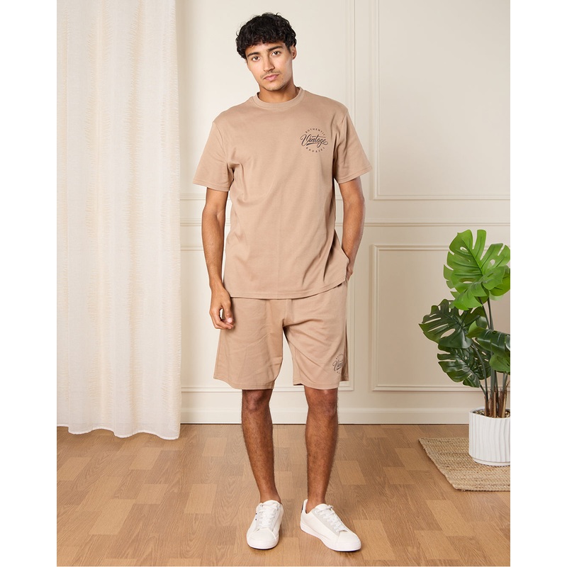 Men Beige Plain Pyjama Set (2 Piece)