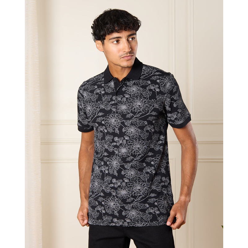 Men Black Printed Short Sleeve Polo Shirt